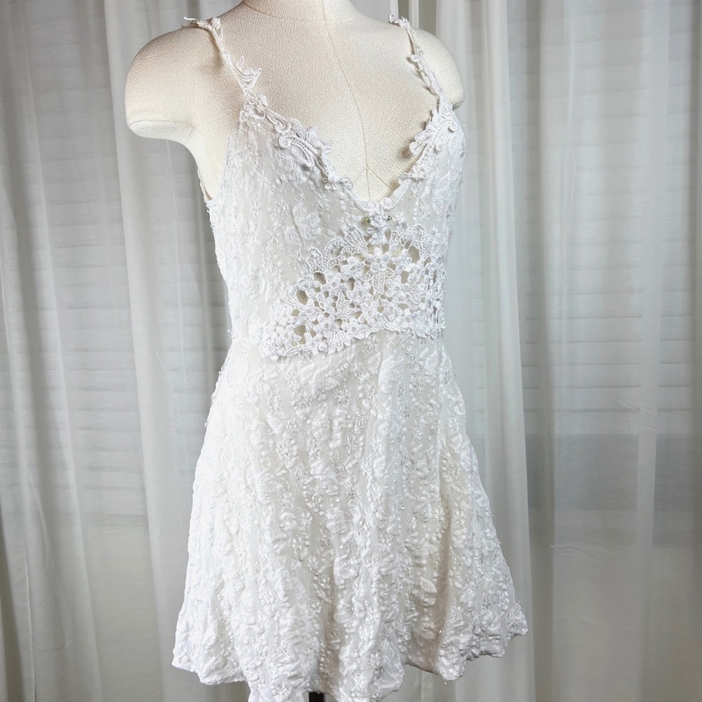 Claire Pettibone Vintage White Floral Lace Crochet‎ Mini Dress Medium  USA Fairy